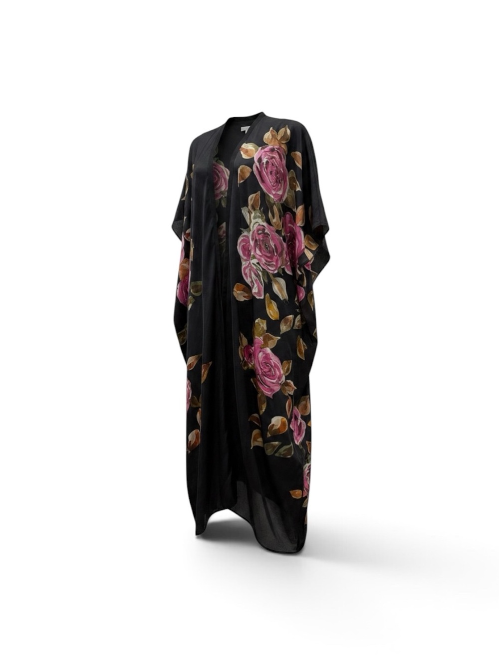 Black Floral Kimono Robe with Pink Rose Print